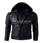 Bone Hooded Motorcycle Leather Biker Jacket