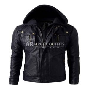 Bone Hooded Motorcycle Leather Biker Jacket