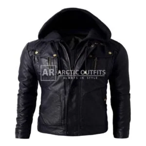 Bone Hooded Motorcycle Leather Biker Jacket