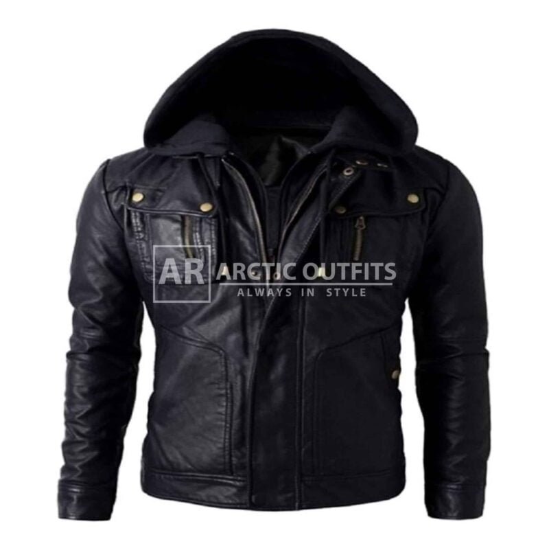 Bone Hooded Motorcycle Leather Biker Jacket Bone Hooded Motorcycle Leather Biker Jacket
