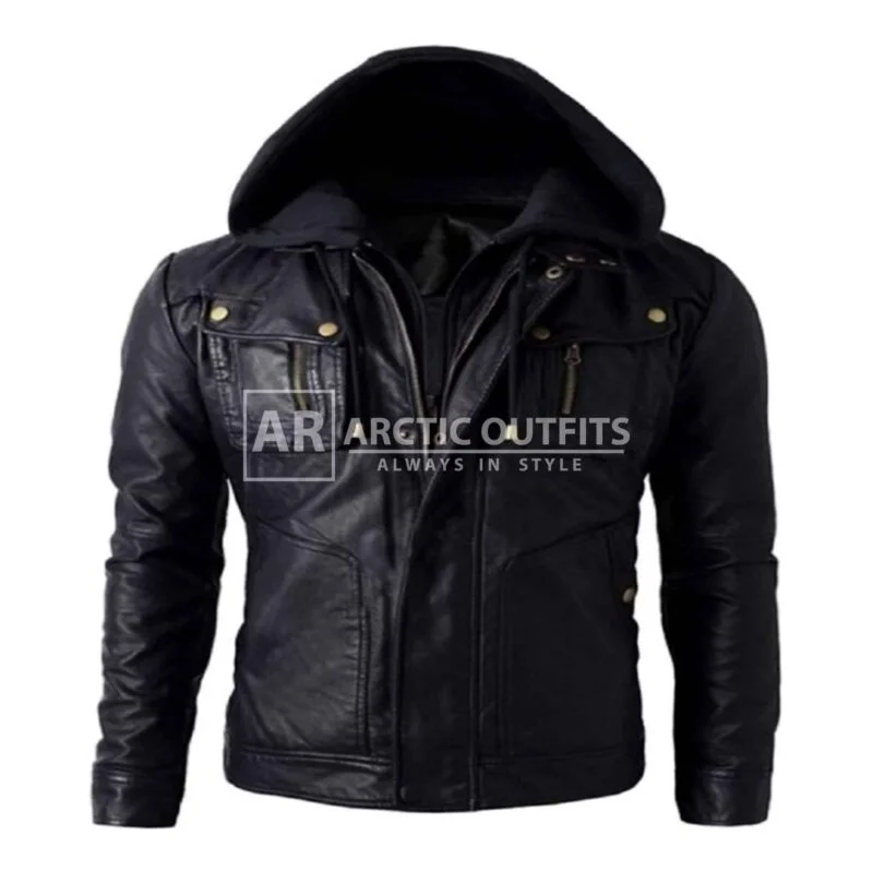 Bone Hooded Motorcycle Leather Biker Jacket