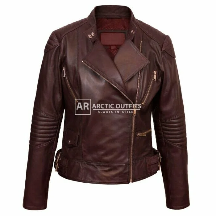 Lady Maroon Biker Leather Jacket
