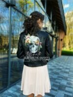 Floral Skull Black Leather Biker Jacket