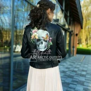 Floral Skull Black Leather Biker Jacket