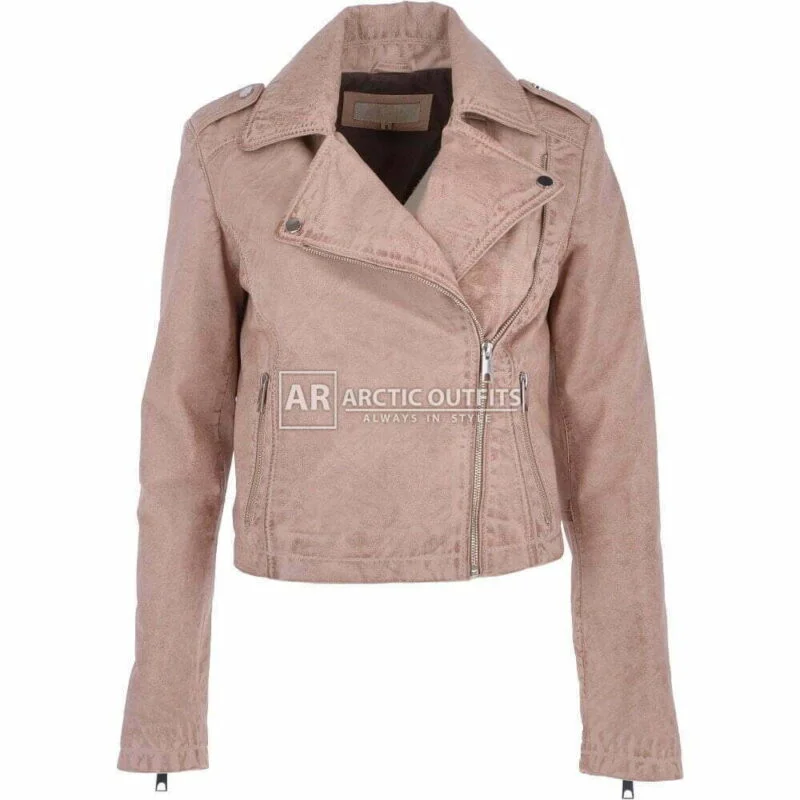 Sydney Vintage Pink White Asymmetrical Biker Leather Jacket