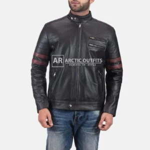 Monza Black & Maroon Leather Biker Jacket