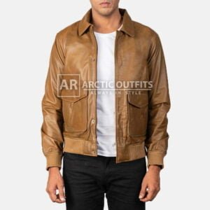 Olive Brown Leather Bomber Jacket