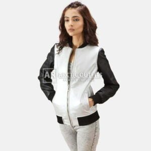 Silver Slate Leather Bomber Jacket