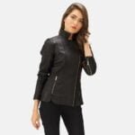 Womens Orient Grain Quilted Black Leather Biker Jacket 1-1495000028672