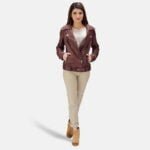 Womens Rumy Maroon Leather Biker Jacket 2-1495001029477