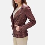 Womens Rumy Maroon Leather Biker Jacket 3-1495001029562