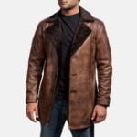 Mens Cinnamon Distressed Leather Fur Coat-1491383945362