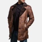 Mens Cinnamon Distressed Leather Fur Coat 2-1491383945555