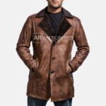 Mens Cinnamon Distressed Leather Fur Coat 3-1491383945670