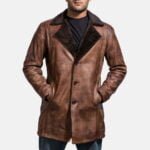 Mens Cinnamon Distressed Leather Fur Coat 3-1491383945670