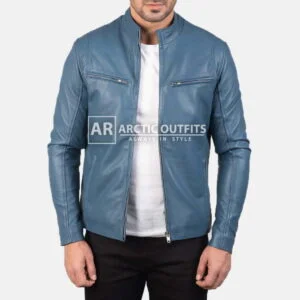 Blue Leather Biker Jacket