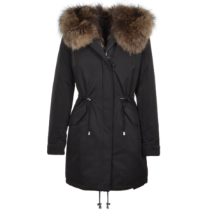 Hooded Fox Fur Parka With Detachable Raccoon Fur Trim Lining Black