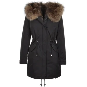 Hooded Fox Fur Parka With Detachable Raccoon Fur Trim Lining Black
