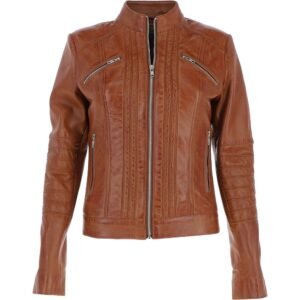 Ladies Leather Biker Jacket Tan