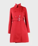 Womens Red Belted Mid-Length Coat