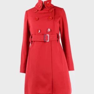Womens Red Belted Mid-Length Coat