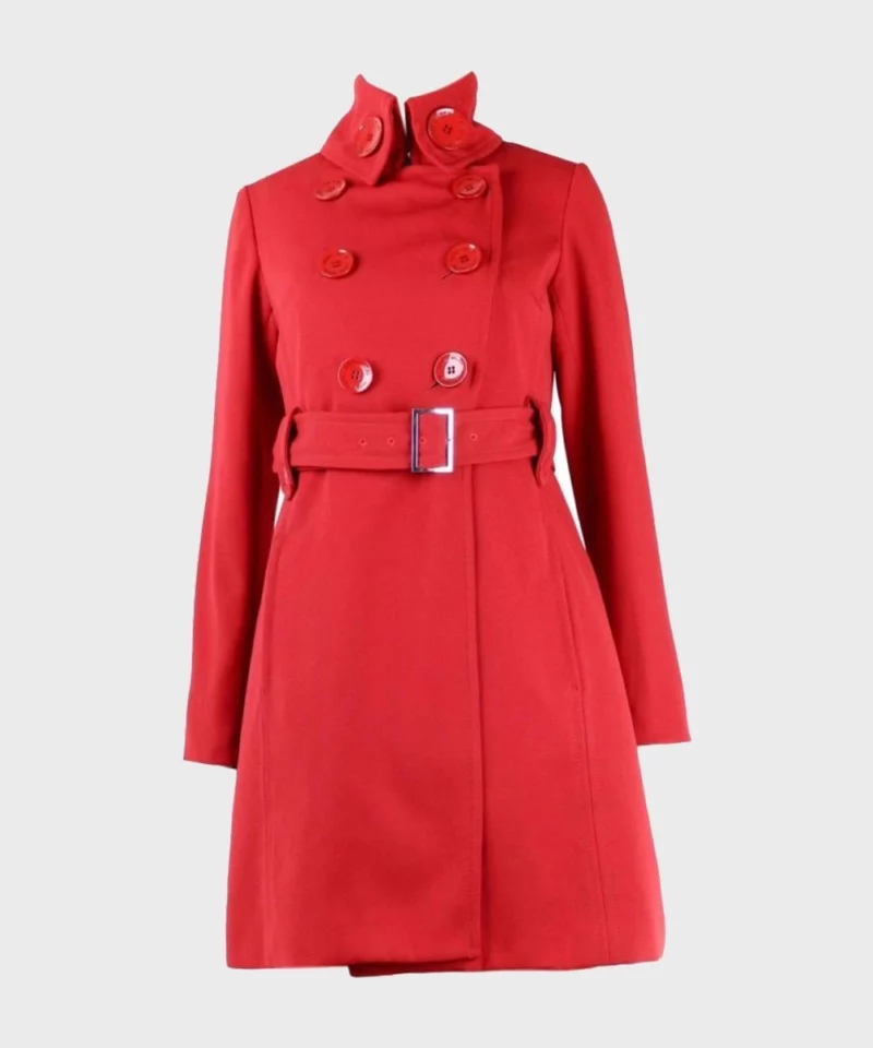 Womens Red Belted Mid-Length Coat