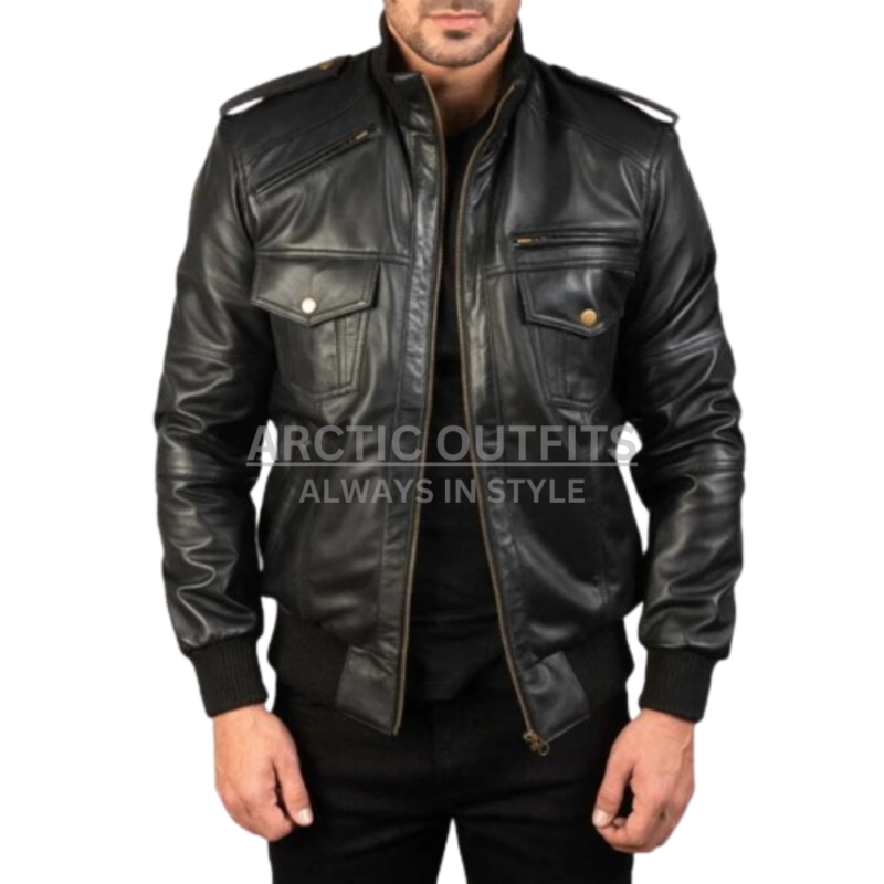 Agent Shadow Black Leather Bomber Jacket
