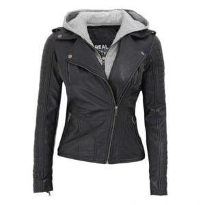 Women Black Hooded Leather