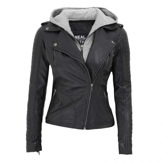 Women Black Hooded Leather