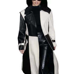 Kim Kardashian Real Leather Trench Coat Black And White Leather Coat