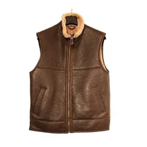 Men's RAF B3 Bomber Flight Aviator Fur Shearling Brown Sheepskin Leather Vest Jacket