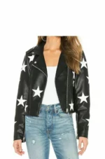 Women's Stars Stylish Unique Vintage Black Bomber Motorcycle Biker Retro Real Leather Jacket