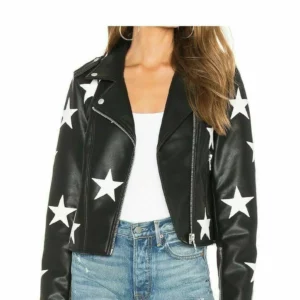 Women's Stars Stylish Unique Vintage Black Bomber Motorcycle Biker Retro Real Leather Jacket