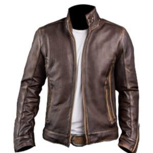 Men’s Retro Café Racer Biker Distressed Brown Leather Jacket