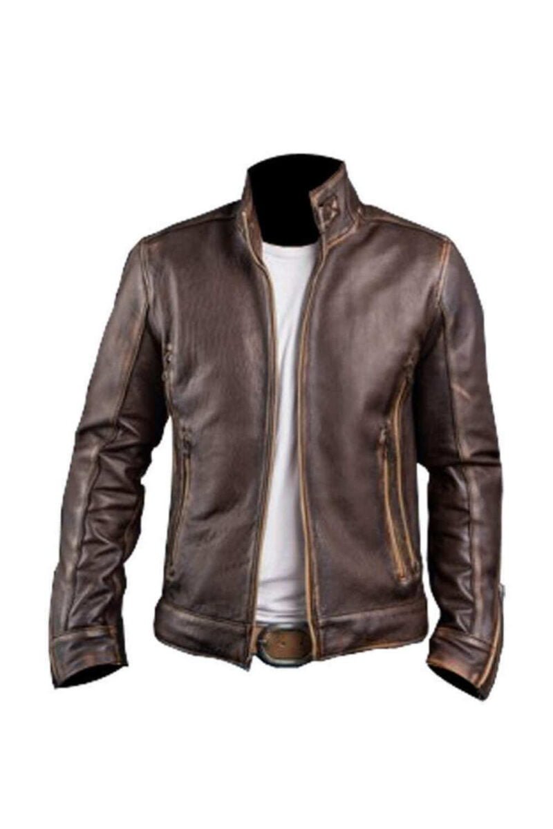 Men’s Retro Café Racer Biker Distressed Brown Leather Jacket