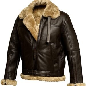 Men's RAF B3 Bomber Flight Aviator Fur Shearling Sheepskin Brown Real Leather Jacket