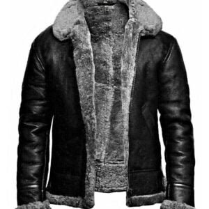 Men's B3 Grey RAF Aviator Pilot Flying Bomber Real Shearling Black Leather Jacket