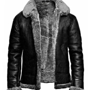 Men's B3 Grey RAF Aviator Pilot Flying Bomber Real Shearling Black Leather Jacket