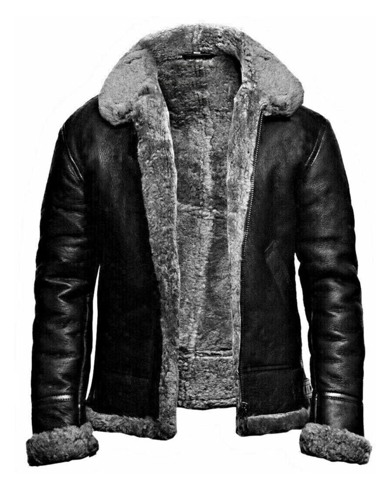 Men's B3 Grey RAF Aviator Pilot Flying Bomber Real Shearling Black Leather Jacket Men's B3 Grey RAF Aviator Pilot Flying Bomber Real Shearling Black Leather Jacket
