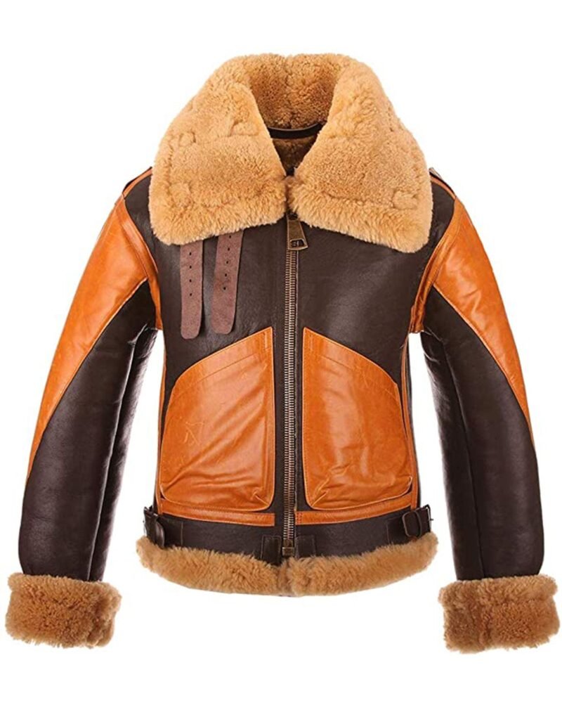 Men's RAF B3 Brown Sheepskin Bomber Shearling Two Tone Style Real Leather Jacket