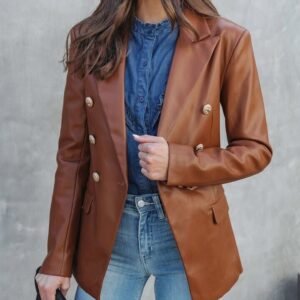 Kim Kardashian Black Double Breasted Leather Blazer Jacket